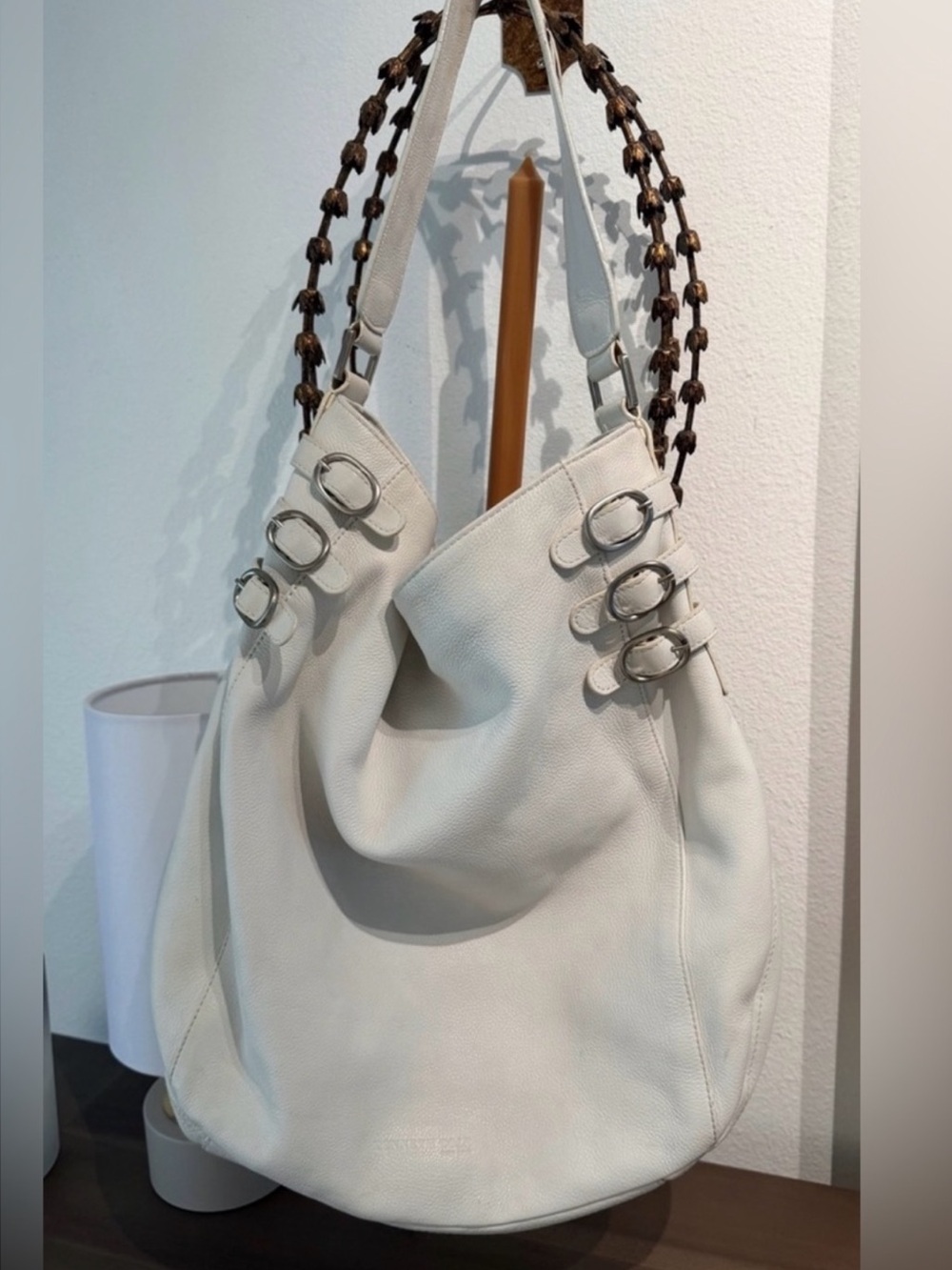 KENNETH COLE Cream Leather Shoulder Hobo Bag with Buckle Detail Genuine Leather
